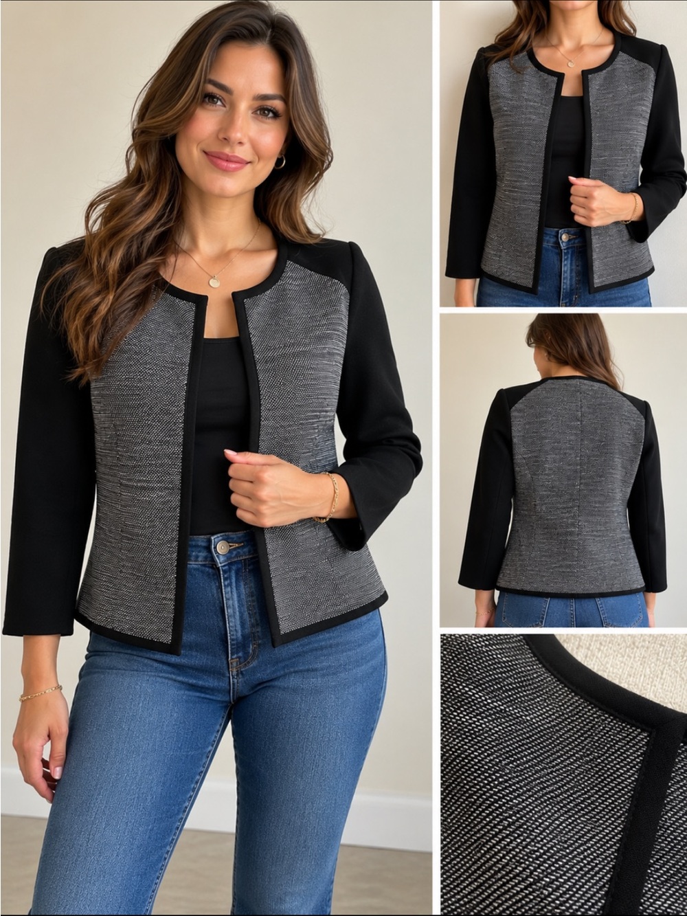 Dana Buchman Black & Gray Textured Open-Front Jacket